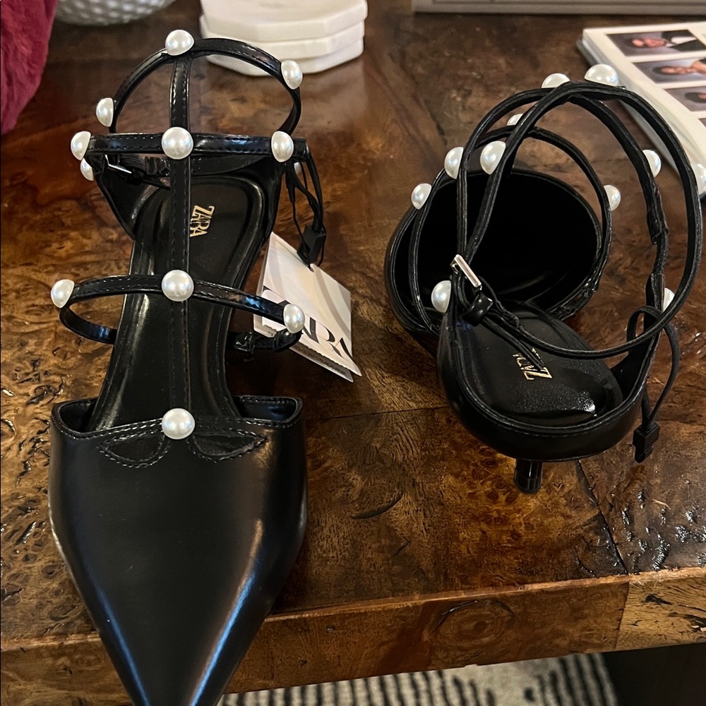 Zara Black Heels with Pearl Accents - Picture 2 of 4
